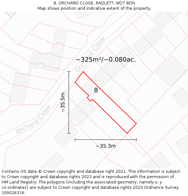 8, ORCHARD CLOSE, RADLETT, WD7 8DN: Plot and title map