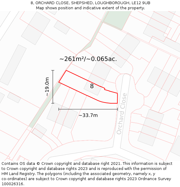 8, ORCHARD CLOSE, SHEPSHED, LOUGHBOROUGH, LE12 9UB: Plot and title map