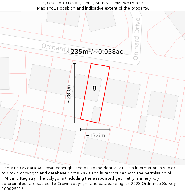 8, ORCHARD DRIVE, HALE, ALTRINCHAM, WA15 8BB: Plot and title map