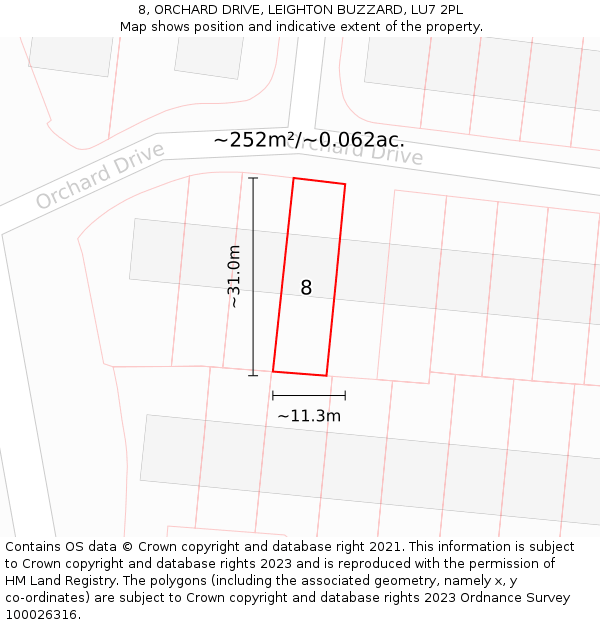 8, ORCHARD DRIVE, LEIGHTON BUZZARD, LU7 2PL: Plot and title map