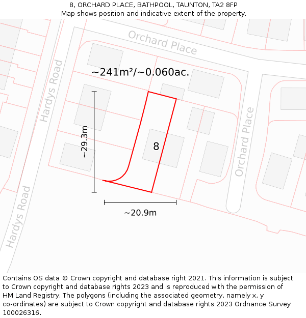 8, ORCHARD PLACE, BATHPOOL, TAUNTON, TA2 8FP: Plot and title map