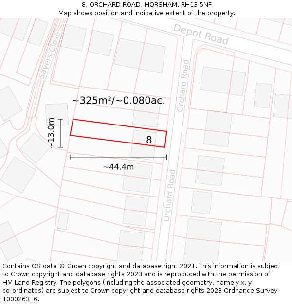 8, ORCHARD ROAD, HORSHAM, RH13 5NF: Plot and title map