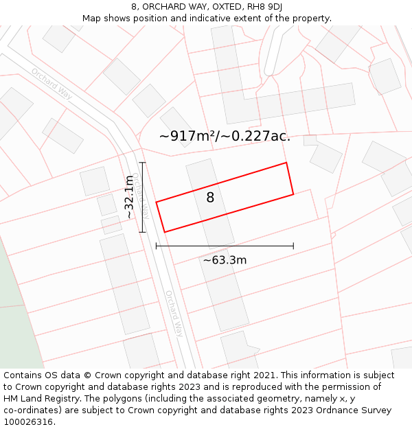 8, ORCHARD WAY, OXTED, RH8 9DJ: Plot and title map