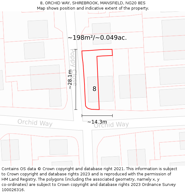 8, ORCHID WAY, SHIREBROOK, MANSFIELD, NG20 8ES: Plot and title map