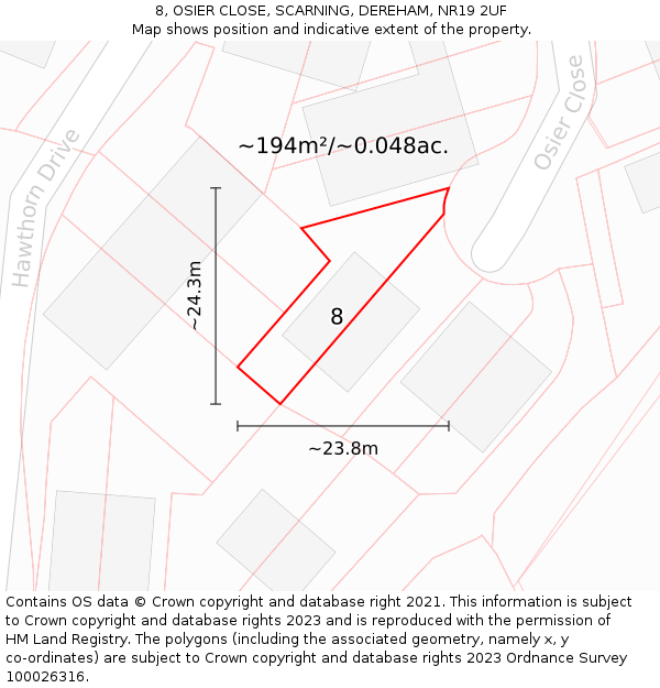 8, OSIER CLOSE, SCARNING, DEREHAM, NR19 2UF: Plot and title map