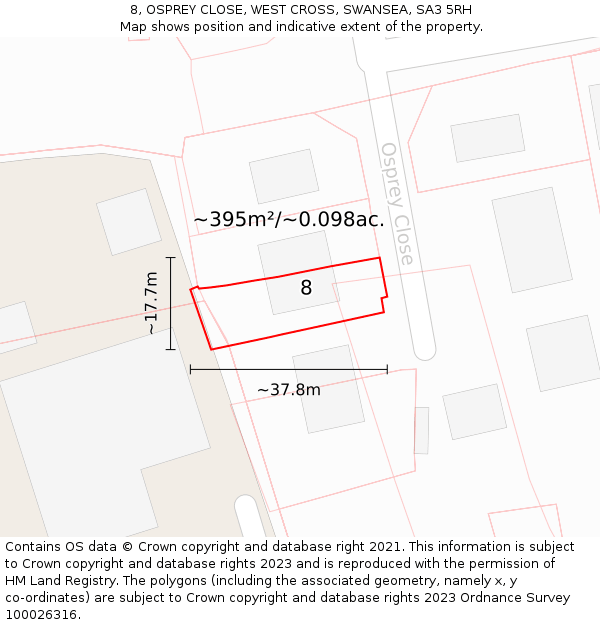 8, OSPREY CLOSE, WEST CROSS, SWANSEA, SA3 5RH: Plot and title map