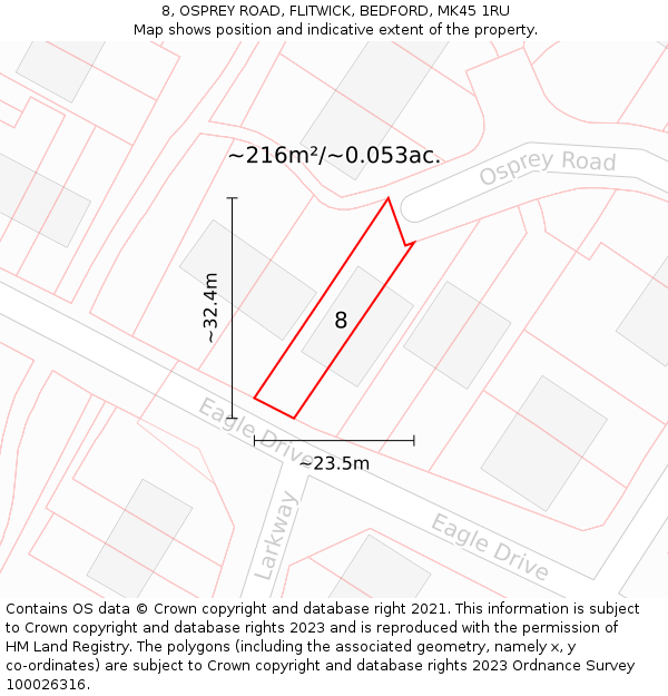 8, OSPREY ROAD, FLITWICK, BEDFORD, MK45 1RU: Plot and title map