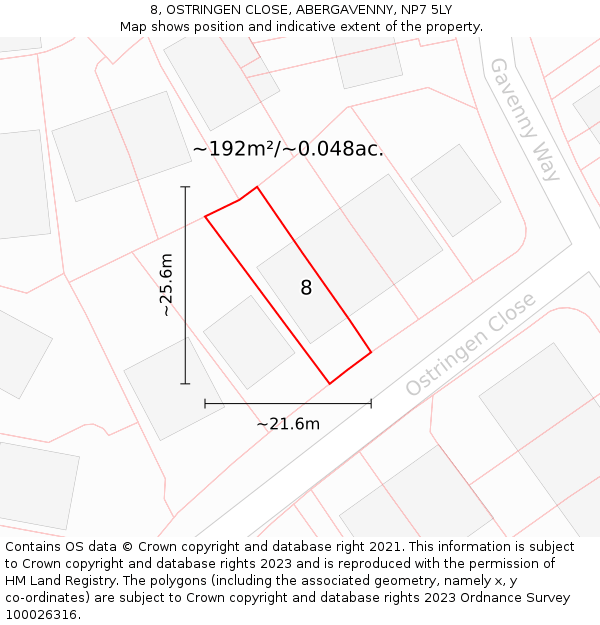 8, OSTRINGEN CLOSE, ABERGAVENNY, NP7 5LY: Plot and title map
