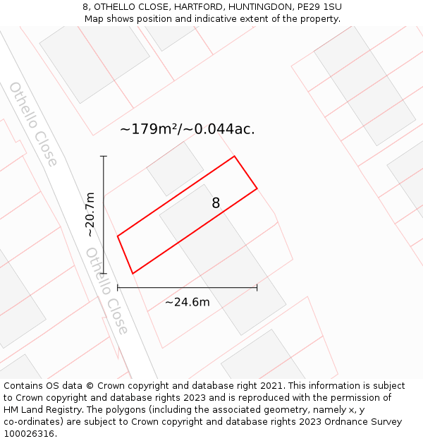 8, OTHELLO CLOSE, HARTFORD, HUNTINGDON, PE29 1SU: Plot and title map