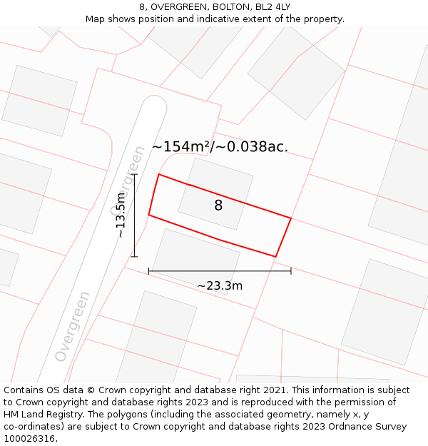 8, OVERGREEN, BOLTON, BL2 4LY: Plot and title map