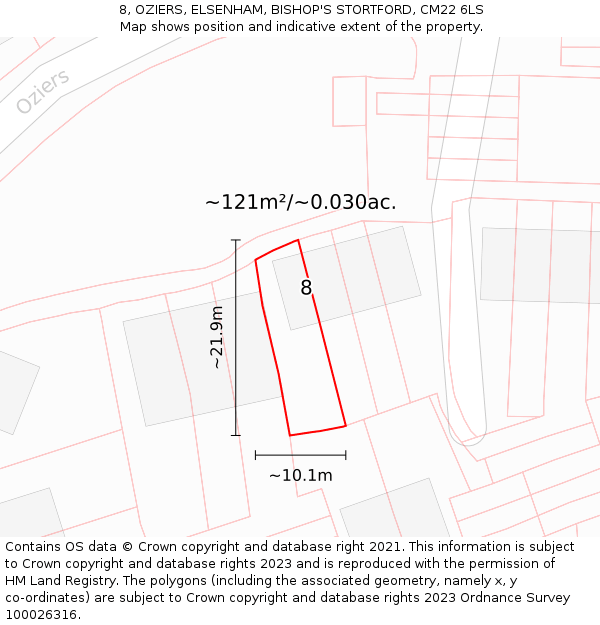 8, OZIERS, ELSENHAM, BISHOP'S STORTFORD, CM22 6LS: Plot and title map