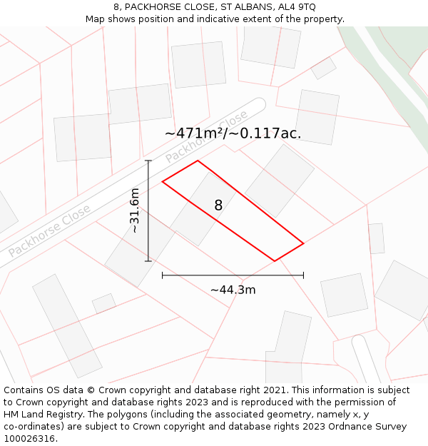 8, PACKHORSE CLOSE, ST ALBANS, AL4 9TQ: Plot and title map