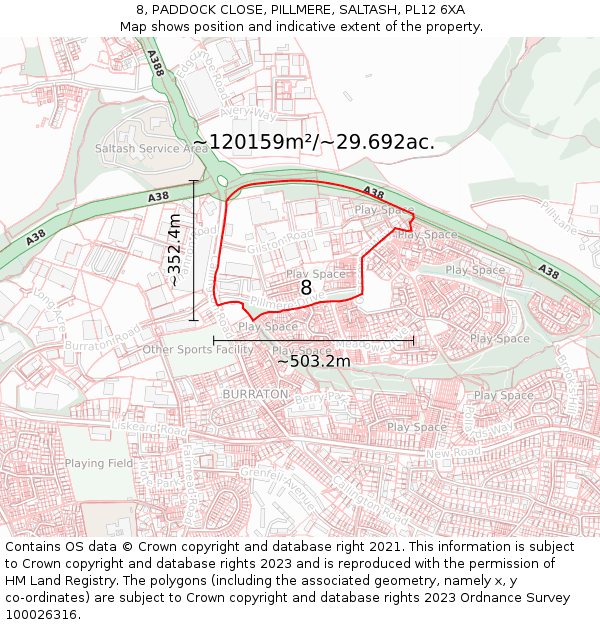 8, PADDOCK CLOSE, PILLMERE, SALTASH, PL12 6XA: Plot and title map