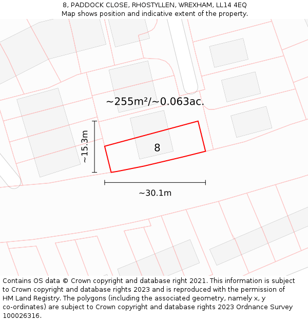 8, PADDOCK CLOSE, RHOSTYLLEN, WREXHAM, LL14 4EQ: Plot and title map