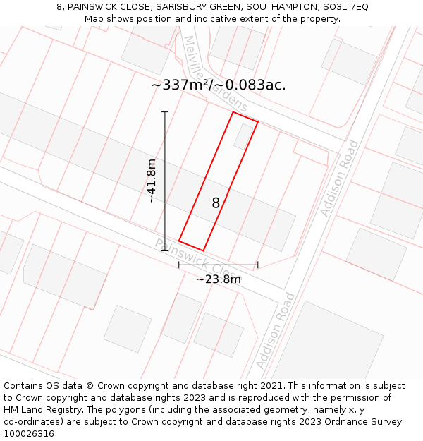 8, PAINSWICK CLOSE, SARISBURY GREEN, SOUTHAMPTON, SO31 7EQ: Plot and title map