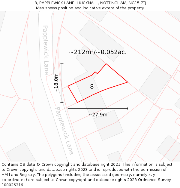 8, PAPPLEWICK LANE, HUCKNALL, NOTTINGHAM, NG15 7TJ: Plot and title map