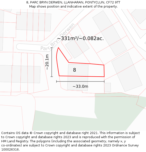 8, PARC BRYN DERWEN, LLANHARAN, PONTYCLUN, CF72 9TT: Plot and title map