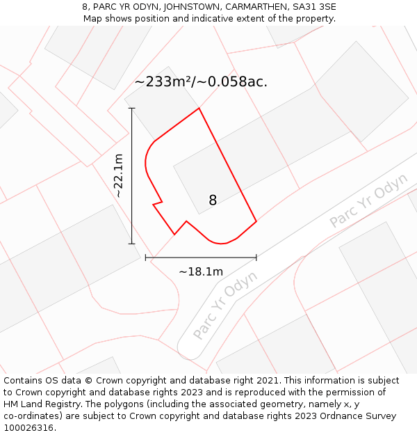 8, PARC YR ODYN, JOHNSTOWN, CARMARTHEN, SA31 3SE: Plot and title map