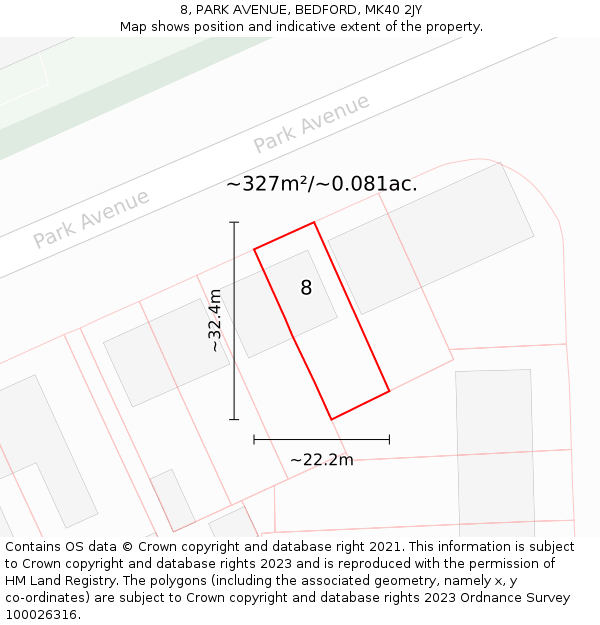 8, PARK AVENUE, BEDFORD, MK40 2JY: Plot and title map