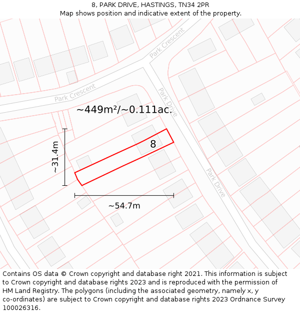 8, PARK DRIVE, HASTINGS, TN34 2PR: Plot and title map