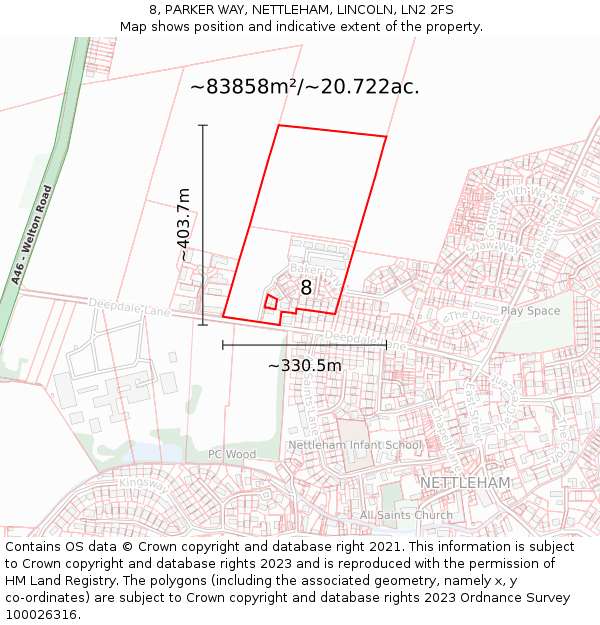 8, PARKER WAY, NETTLEHAM, LINCOLN, LN2 2FS: Plot and title map