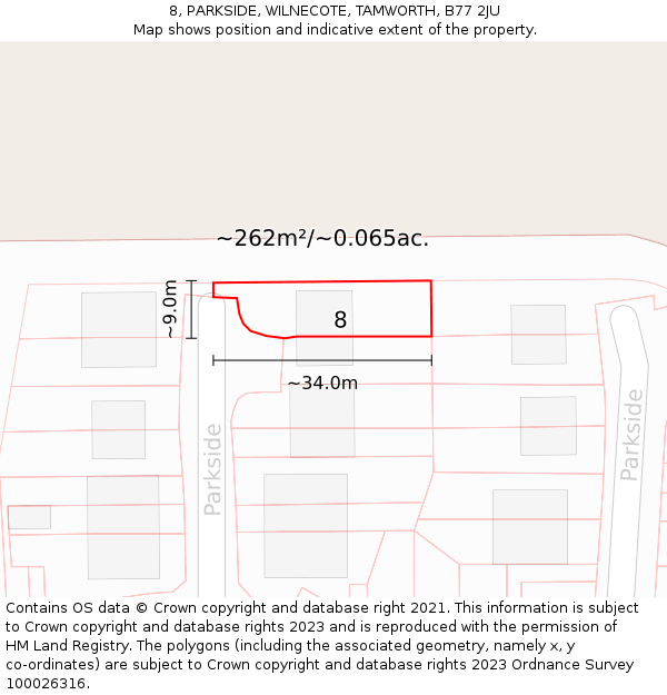 8, PARKSIDE, WILNECOTE, TAMWORTH, B77 2JU: Plot and title map