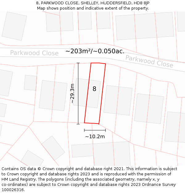 8, PARKWOOD CLOSE, SHELLEY, HUDDERSFIELD, HD8 8JP: Plot and title map