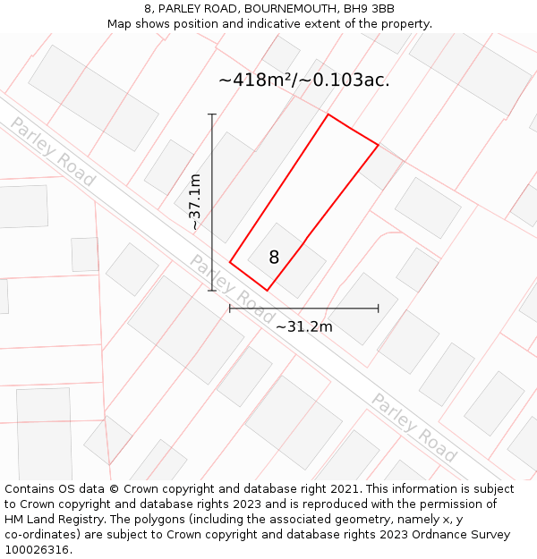 8, PARLEY ROAD, BOURNEMOUTH, BH9 3BB: Plot and title map