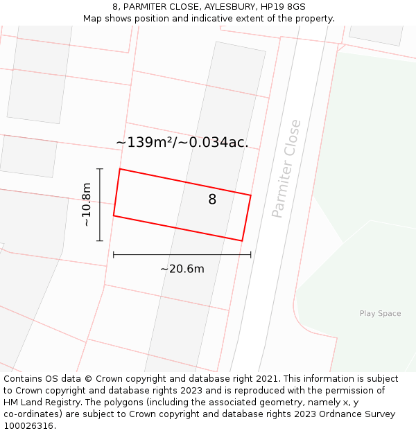 8, PARMITER CLOSE, AYLESBURY, HP19 8GS: Plot and title map