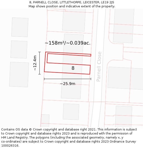 8, PARNELL CLOSE, LITTLETHORPE, LEICESTER, LE19 2JS: Plot and title map