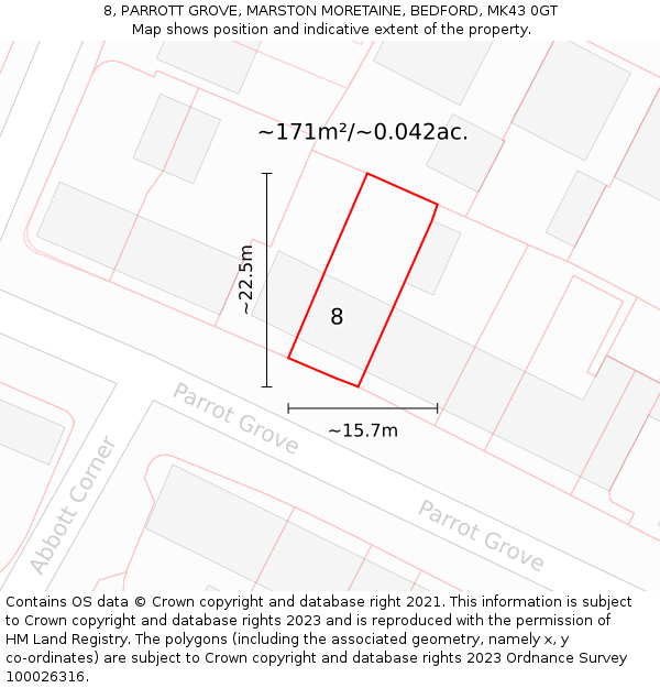 8, PARROTT GROVE, MARSTON MORETAINE, BEDFORD, MK43 0GT: Plot and title map