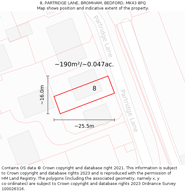 8, PARTRIDGE LANE, BROMHAM, BEDFORD, MK43 8PQ: Plot and title map