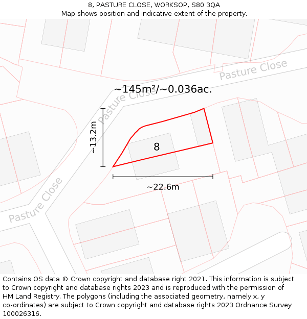 8, PASTURE CLOSE, WORKSOP, S80 3QA: Plot and title map