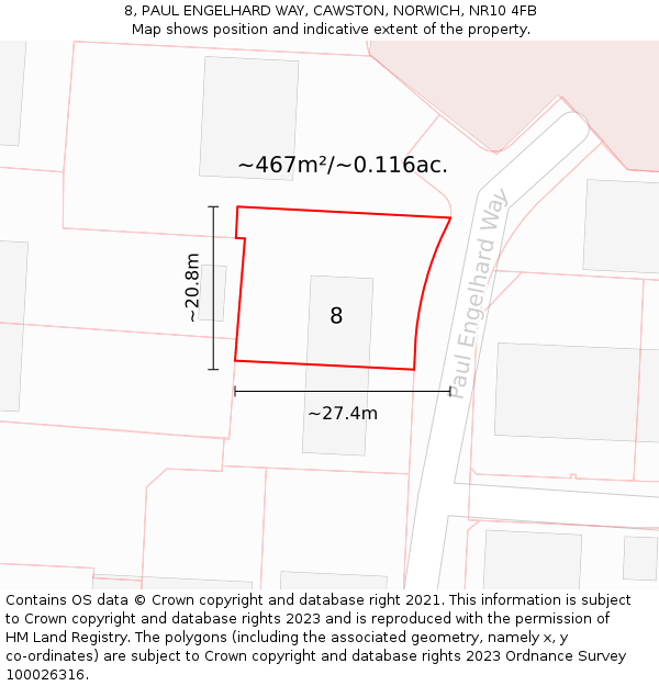 8, PAUL ENGELHARD WAY, CAWSTON, NORWICH, NR10 4FB: Plot and title map
