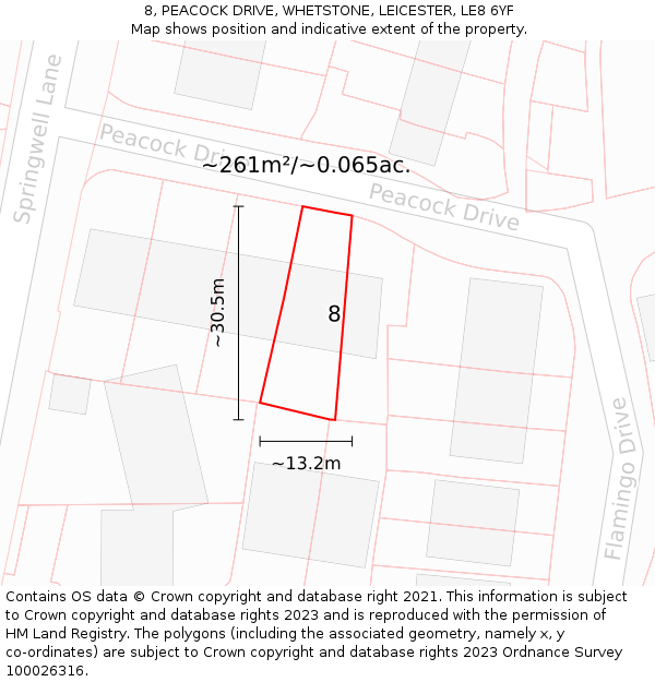 8, PEACOCK DRIVE, WHETSTONE, LEICESTER, LE8 6YF: Plot and title map