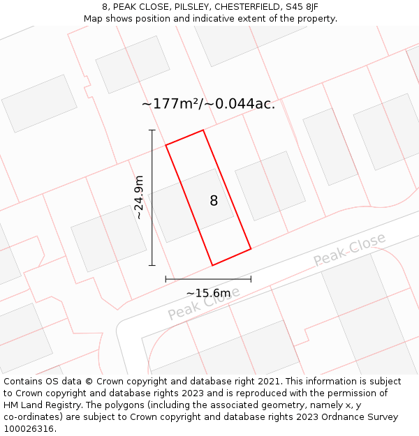 8, PEAK CLOSE, PILSLEY, CHESTERFIELD, S45 8JF: Plot and title map