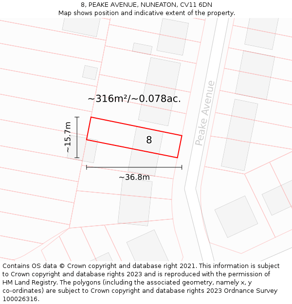 8, PEAKE AVENUE, NUNEATON, CV11 6DN: Plot and title map