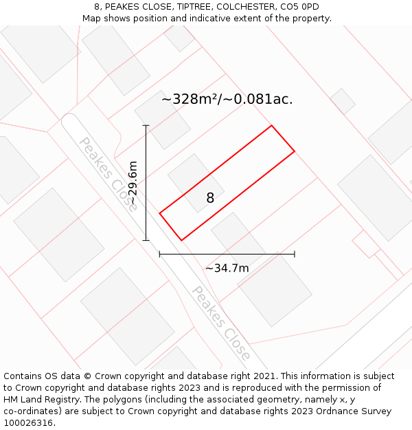 8, PEAKES CLOSE, TIPTREE, COLCHESTER, CO5 0PD: Plot and title map