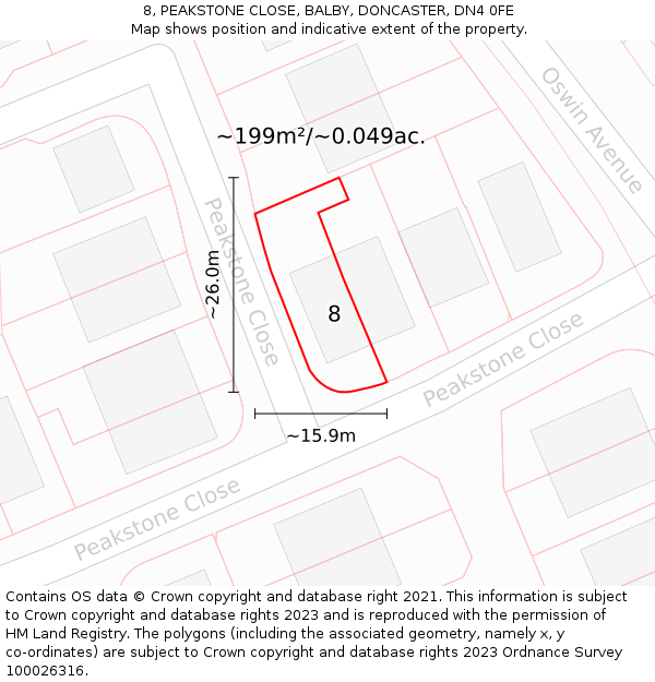 8, PEAKSTONE CLOSE, BALBY, DONCASTER, DN4 0FE: Plot and title map