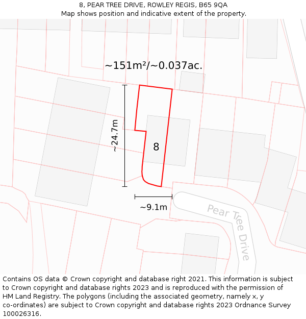8, PEAR TREE DRIVE, ROWLEY REGIS, B65 9QA: Plot and title map