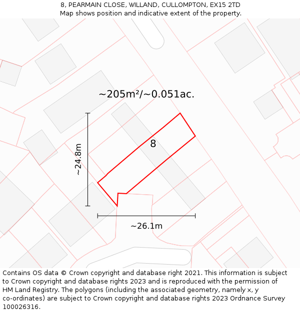 8, PEARMAIN CLOSE, WILLAND, CULLOMPTON, EX15 2TD: Plot and title map