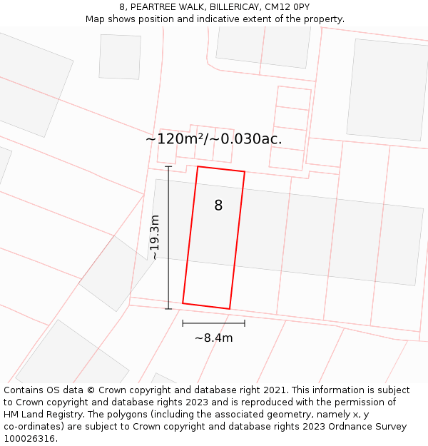 8, PEARTREE WALK, BILLERICAY, CM12 0PY: Plot and title map