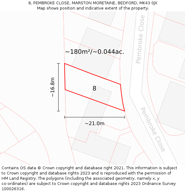 8, PEMBROKE CLOSE, MARSTON MORETAINE, BEDFORD, MK43 0JX: Plot and title map