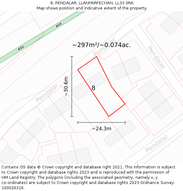 8, PENDALAR, LLANFAIRFECHAN, LL33 0RA: Plot and title map