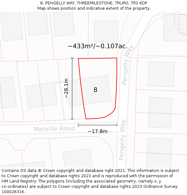 8, PENGELLY WAY, THREEMILESTONE, TRURO, TR3 6DP: Plot and title map