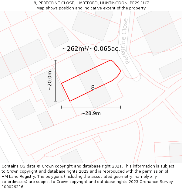 8, PEREGRINE CLOSE, HARTFORD, HUNTINGDON, PE29 1UZ: Plot and title map