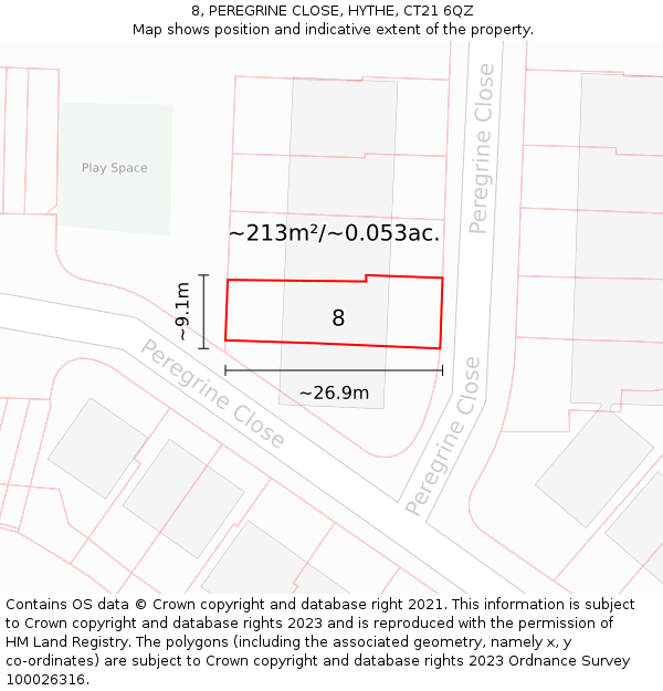8, PEREGRINE CLOSE, HYTHE, CT21 6QZ: Plot and title map