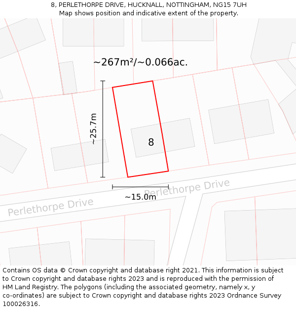 8, PERLETHORPE DRIVE, HUCKNALL, NOTTINGHAM, NG15 7UH: Plot and title map