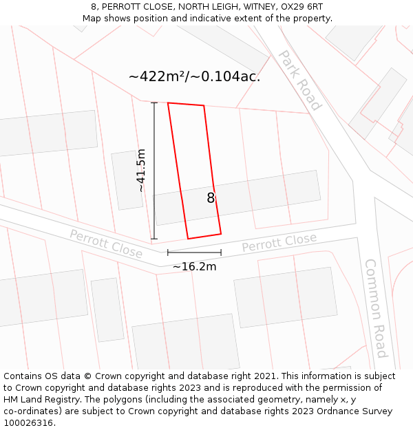 8, PERROTT CLOSE, NORTH LEIGH, WITNEY, OX29 6RT: Plot and title map