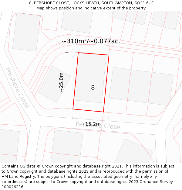 8, PERSHORE CLOSE, LOCKS HEATH, SOUTHAMPTON, SO31 6UF: Plot and title map